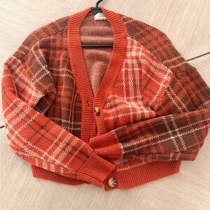 Plaid Women's Cardigan Sweater - Red and Brown